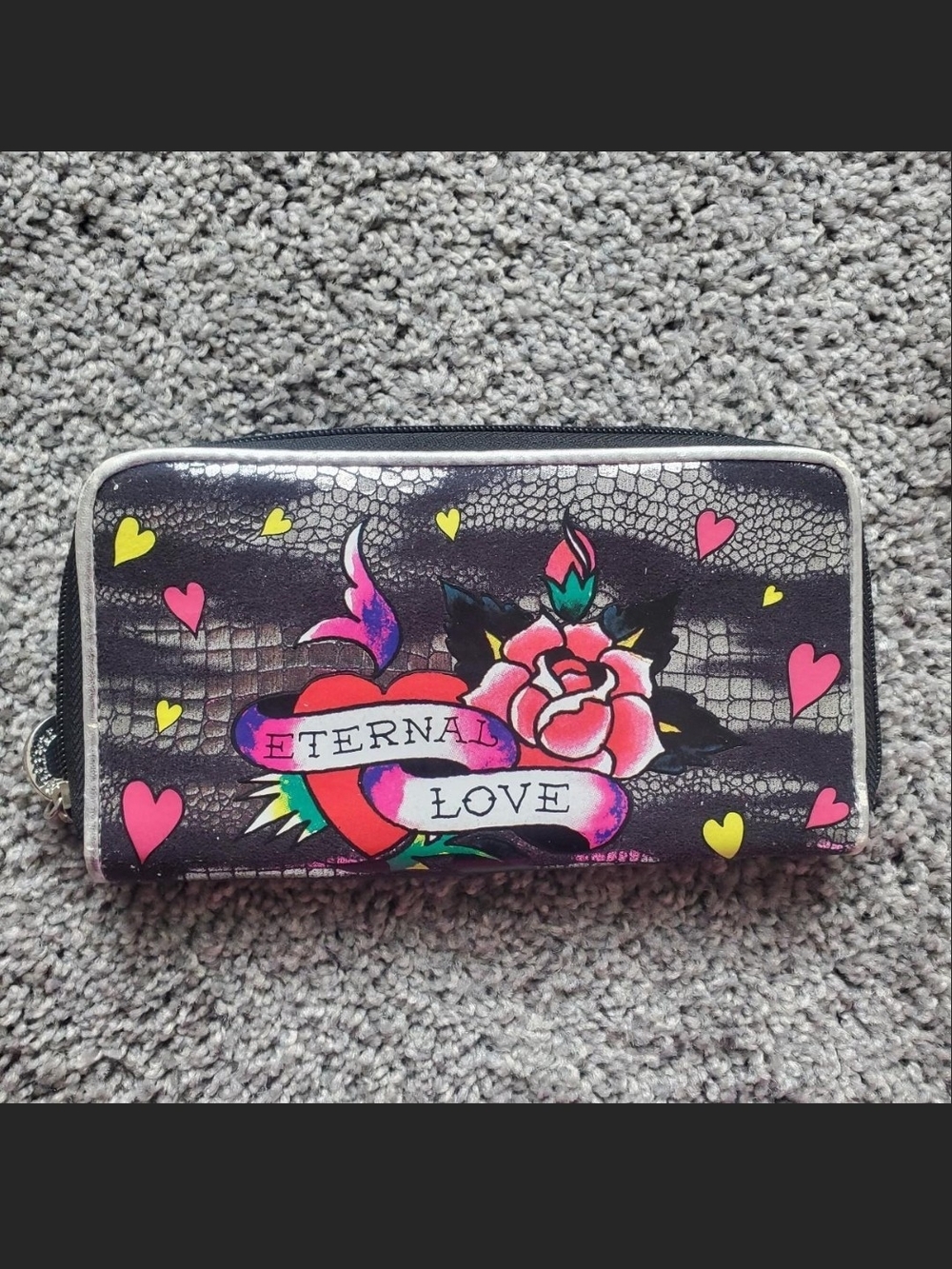 Ed Hardy Eternal Love Rose Heart Zip Wallet - Black with Pink & Yellow Hearts